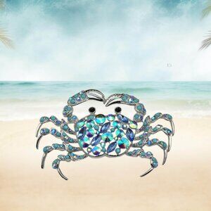 Silver Blue Rhinestone Crab Black Eyes Beach Brooch Pin